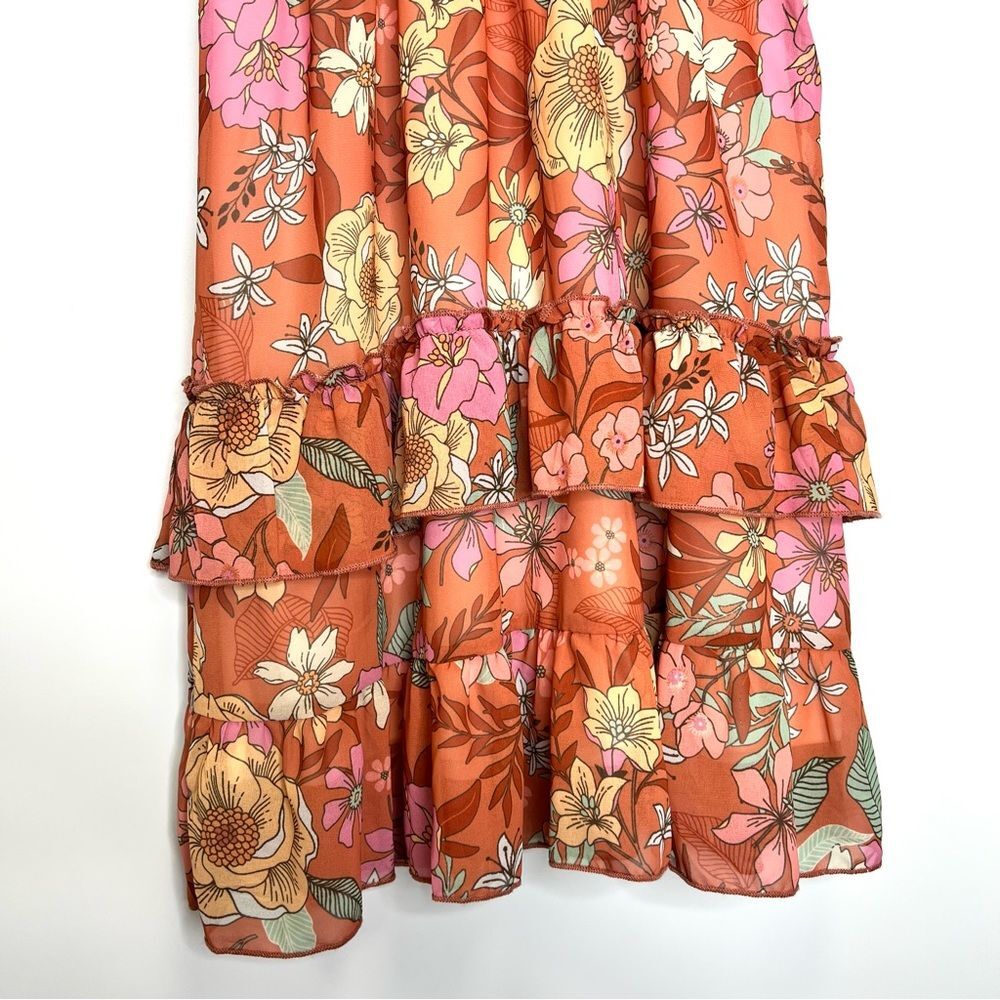 Altar’d State Floral Tiered Ruffle Tie Strap Dress Medium Orange - Picture 4 of 10